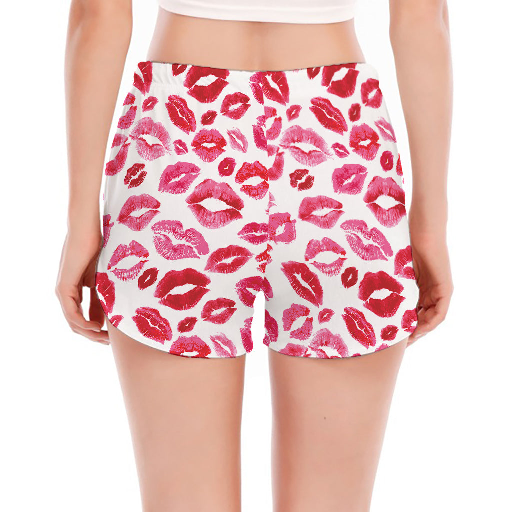 Red And Pink Lips Pattern Print Women's Split Running Shorts