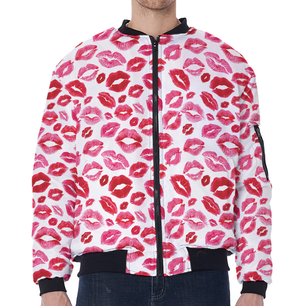 Red And Pink Lips Pattern Print Zip Sleeve Bomber Jacket
