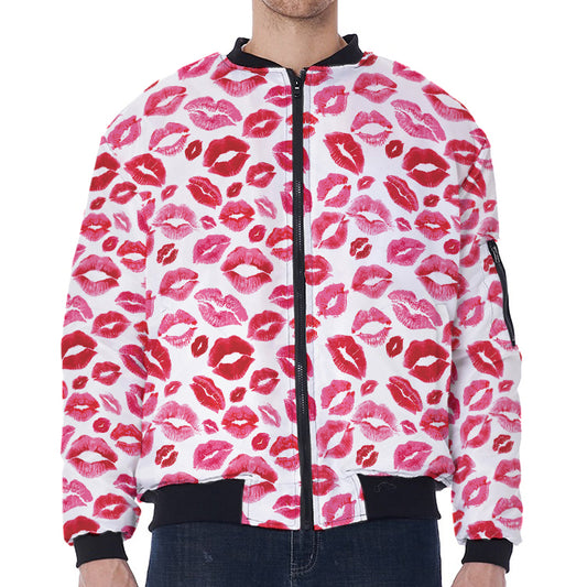 Red And Pink Lips Pattern Print Zip Sleeve Bomber Jacket