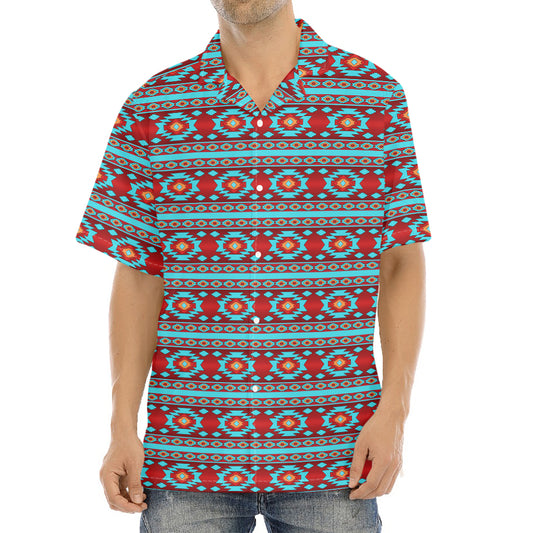 Red And Teal Southwestern Pattern Print Aloha Shirt