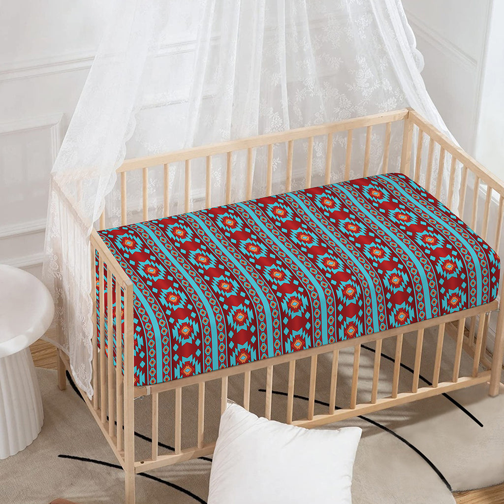 Red And Teal Southwestern Pattern Print Baby Crib Sheet