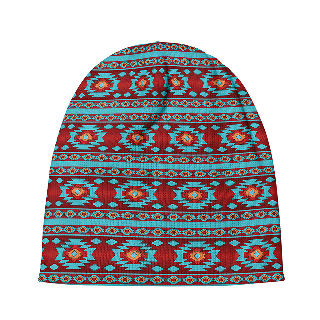 Red And Teal Southwestern Pattern Print Beanie
