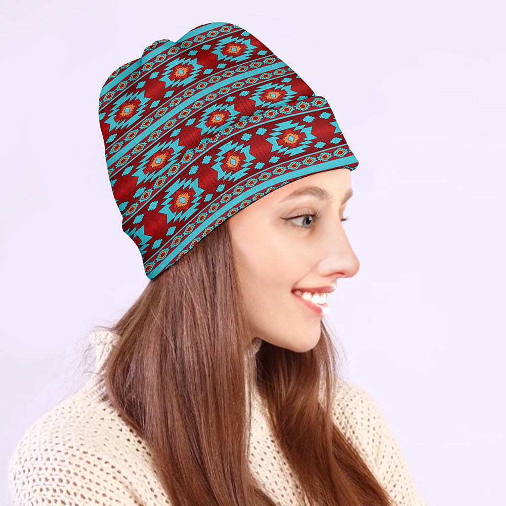 Red And Teal Southwestern Pattern Print Beanie
