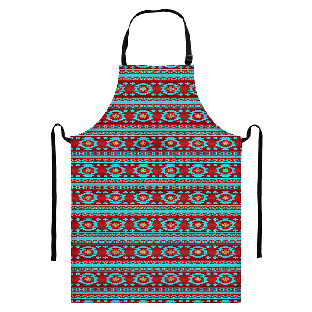 Red And Teal Southwestern Pattern Print Bib Apron With Pocket