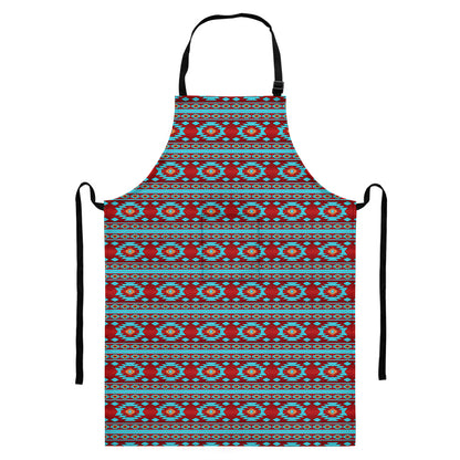 Red And Teal Southwestern Pattern Print Bib Apron With Pocket