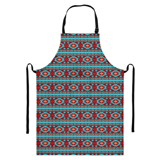 Red And Teal Southwestern Pattern Print Bib Apron With Pocket