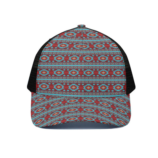 Red And Teal Southwestern Pattern Print Black Mesh Trucker Cap