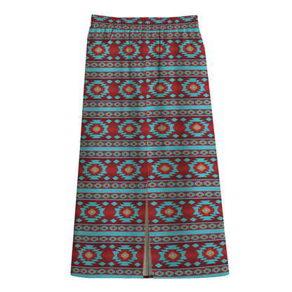 Red And Teal Southwestern Pattern Print Cotton Front Slit Maxi Skirt