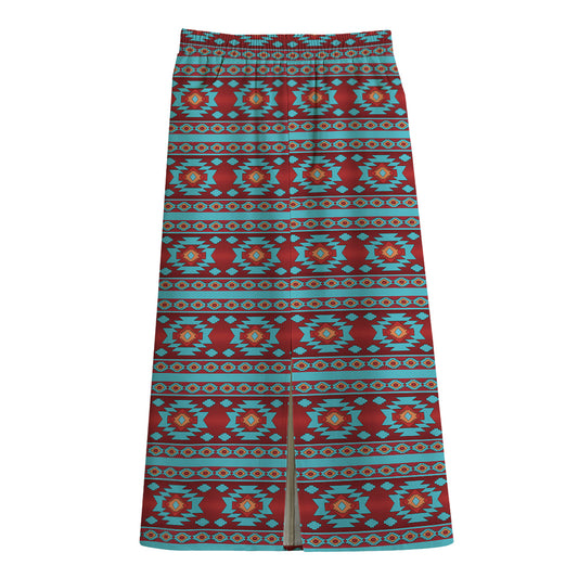 Red And Teal Southwestern Pattern Print Cotton Front Slit Maxi Skirt