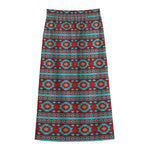 Red And Teal Southwestern Pattern Print Cotton Front Slit Maxi Skirt
