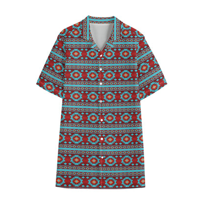 Red And Teal Southwestern Pattern Print Cotton Hawaiian Shirt