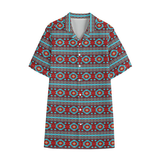 Red And Teal Southwestern Pattern Print Cotton Hawaiian Shirt