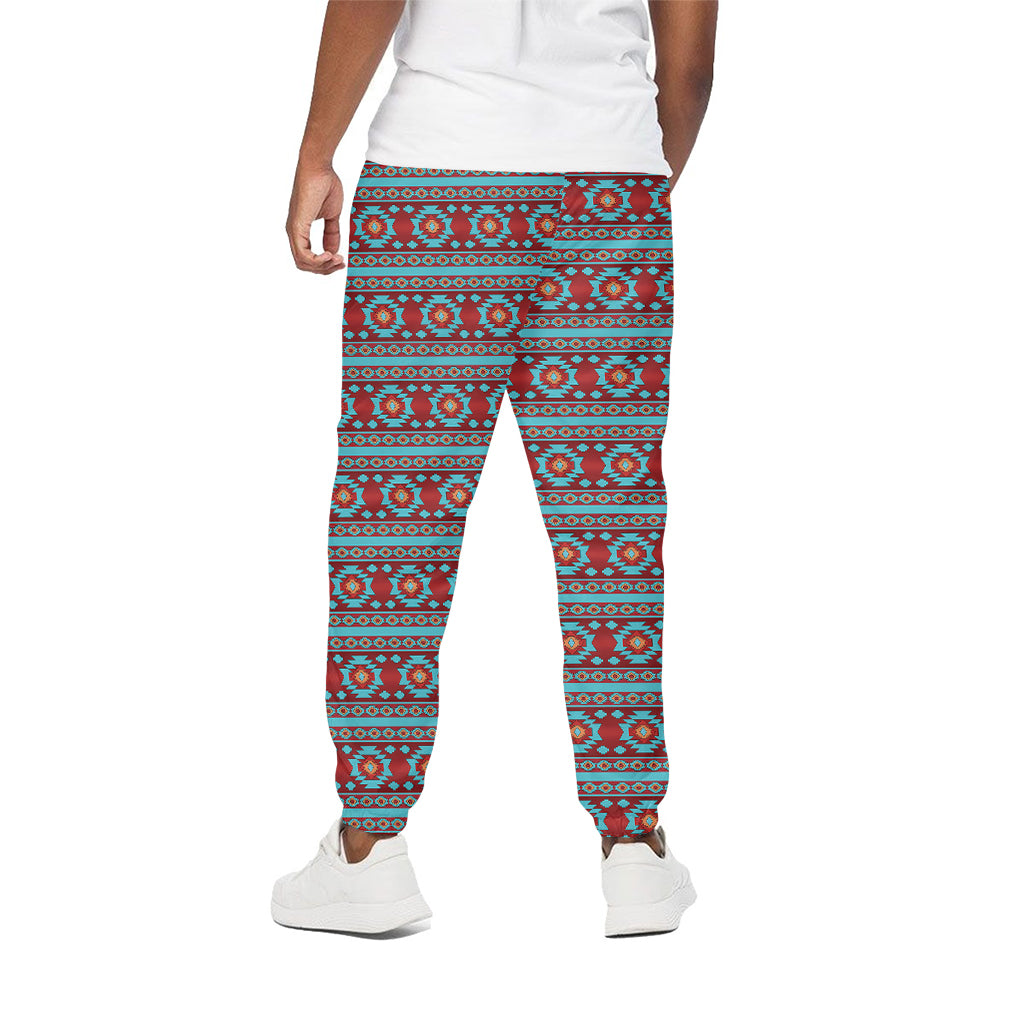Red And Teal Southwestern Pattern Print Cotton Pants