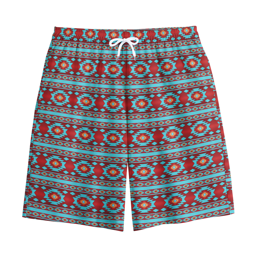 Red And Teal Southwestern Pattern Print Cotton Shorts