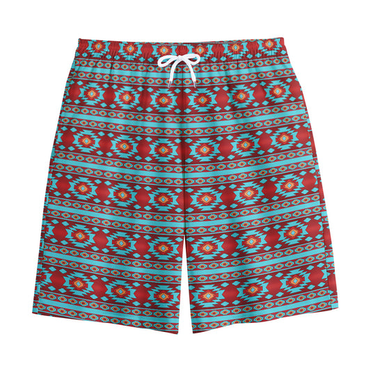 Red And Teal Southwestern Pattern Print Cotton Shorts