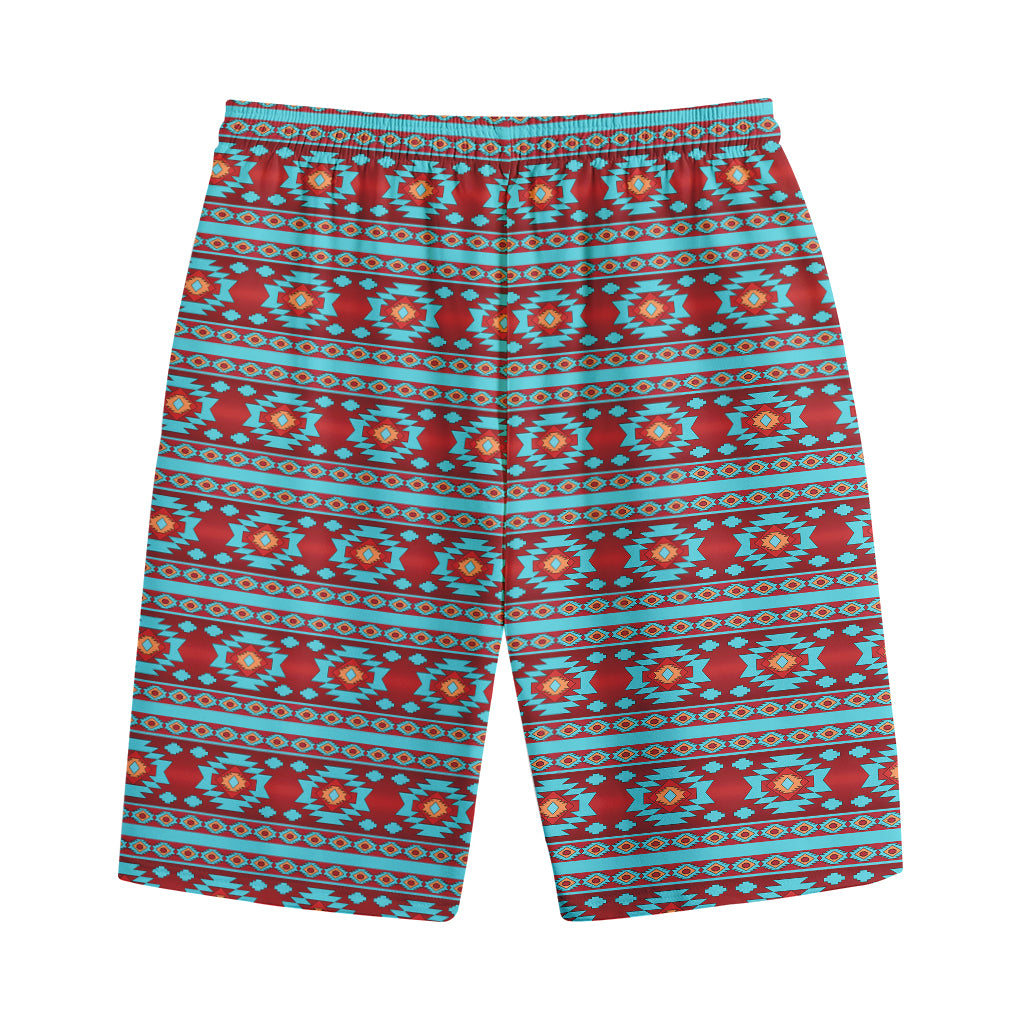 Red And Teal Southwestern Pattern Print Cotton Shorts