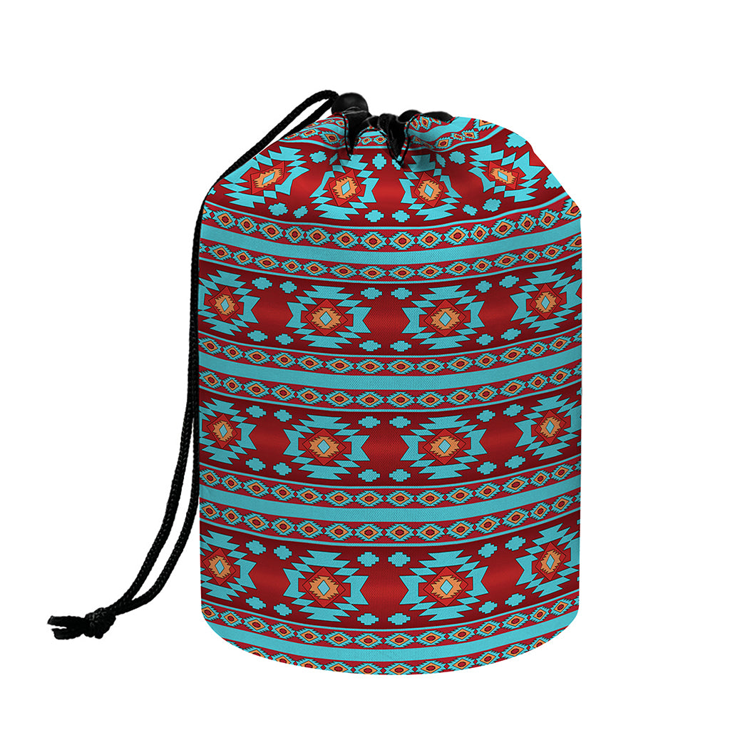 Red And Teal Southwestern Pattern Print Drawstring Makeup Bag