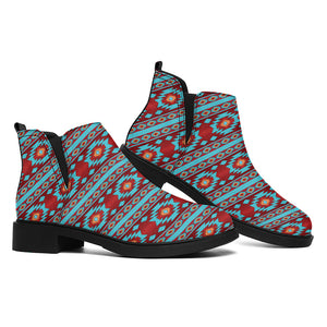 Red And Teal Southwestern Pattern Print Flat Ankle Boots