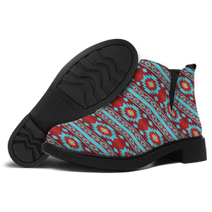 Red And Teal Southwestern Pattern Print Flat Ankle Boots