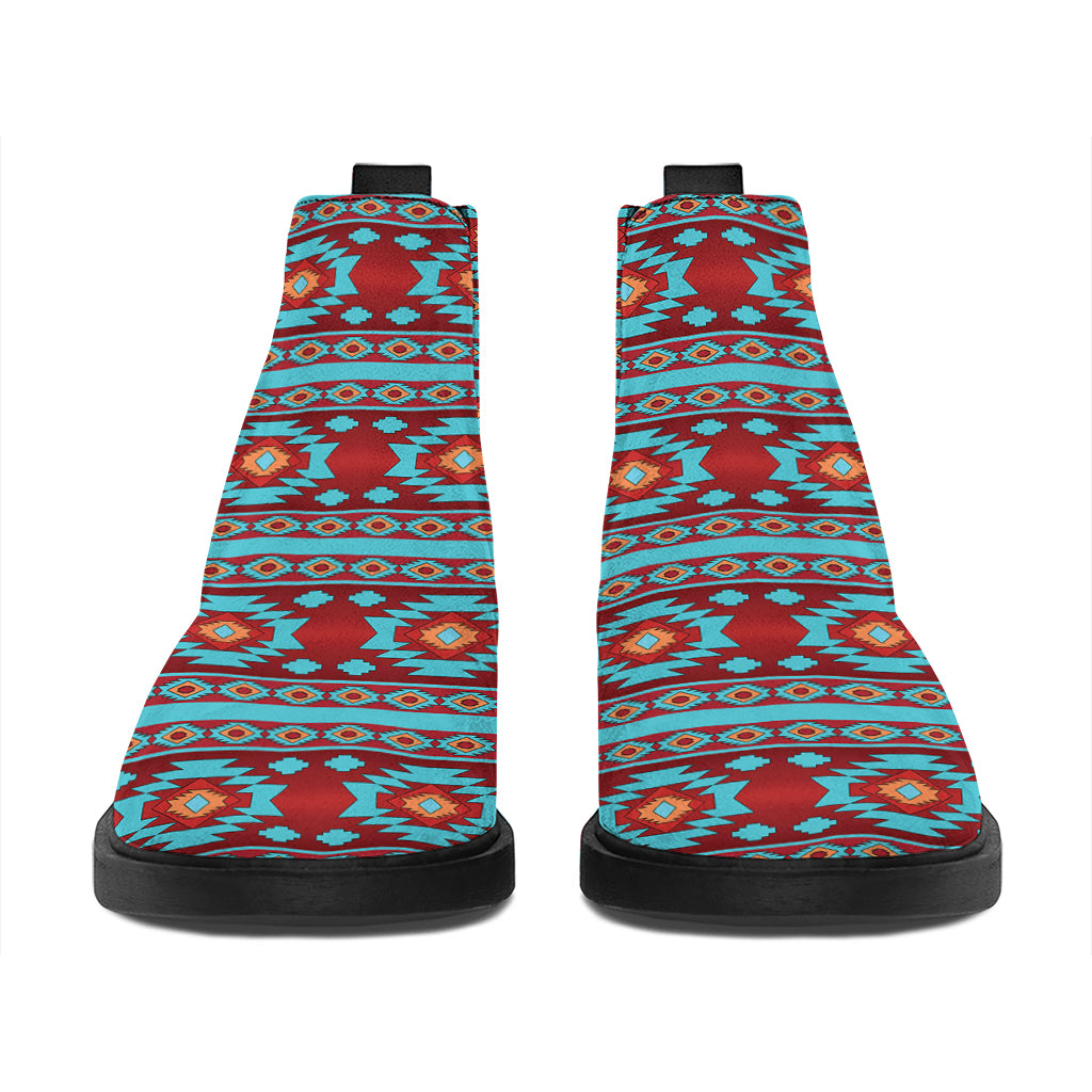 Red And Teal Southwestern Pattern Print Flat Ankle Boots