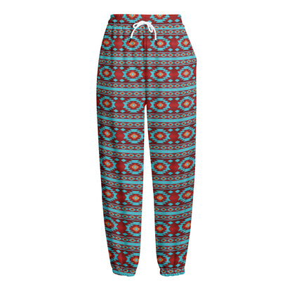 Red And Teal Southwestern Pattern Print Fleece Lined Knit Pants