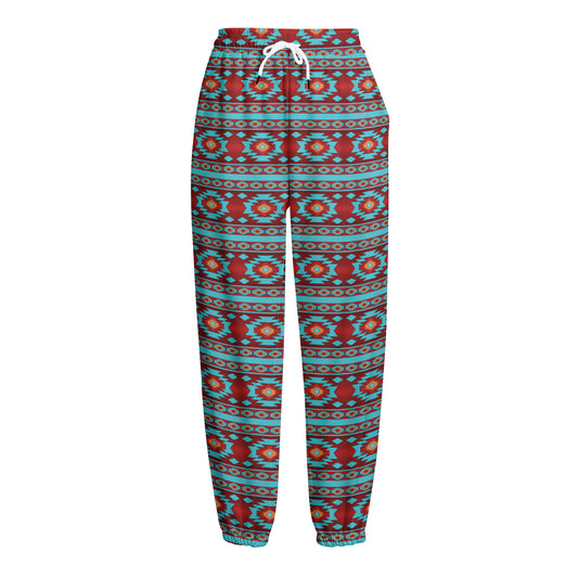 Red And Teal Southwestern Pattern Print Fleece Lined Knit Pants