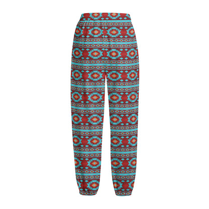 Red And Teal Southwestern Pattern Print Fleece Lined Knit Pants