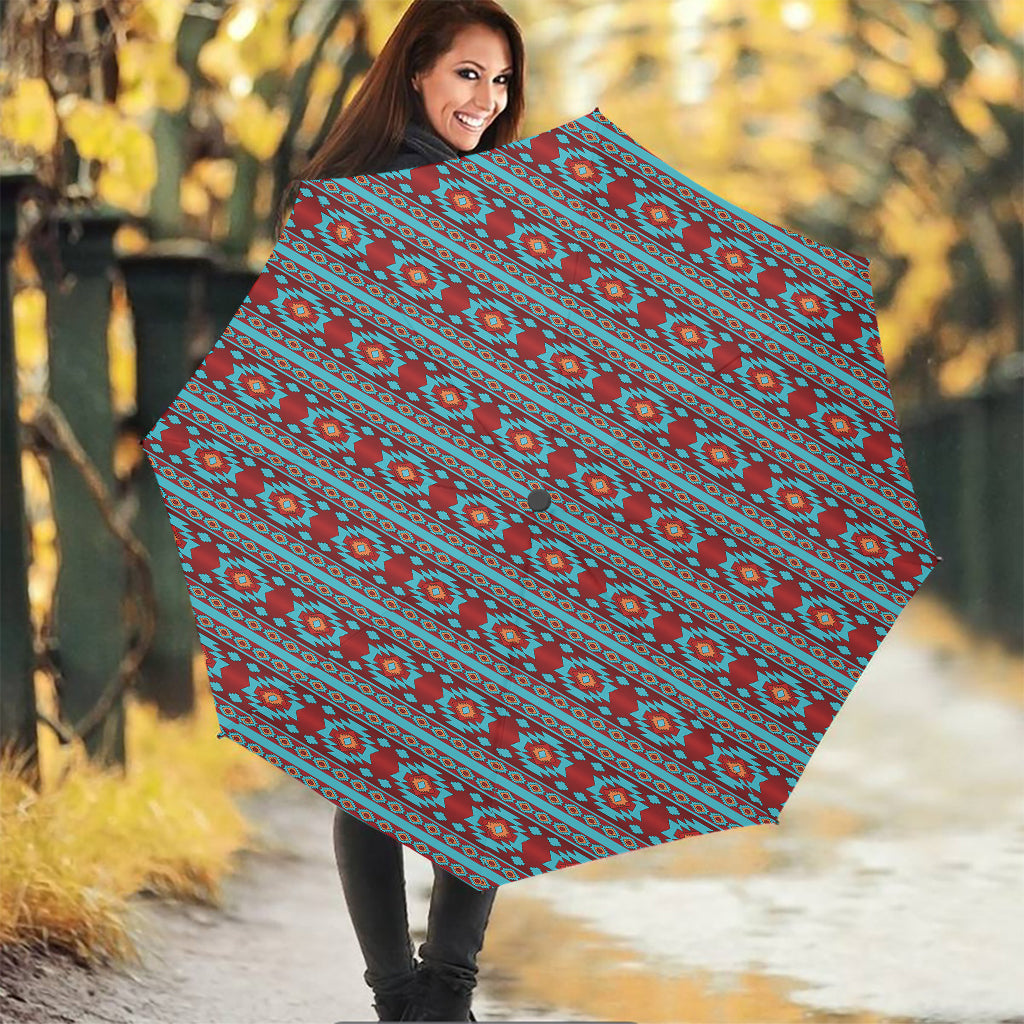 Red And Teal Southwestern Pattern Print Foldable Umbrella