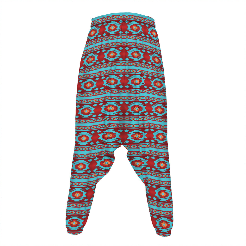 Red And Teal Southwestern Pattern Print Hammer Pants