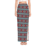 Red And Teal Southwestern Pattern Print High Slit Maxi Skirt