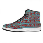 Red And Teal Southwestern Pattern Print High Top Leather Sneakers
