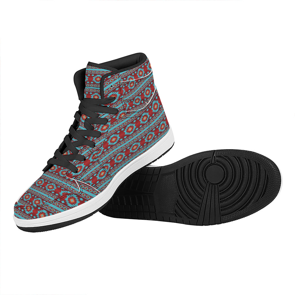 Red And Teal Southwestern Pattern Print High Top Leather Sneakers