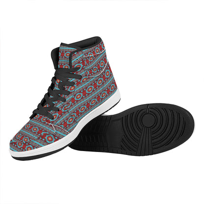 Red And Teal Southwestern Pattern Print High Top Leather Sneakers