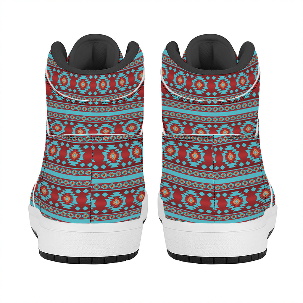 Red And Teal Southwestern Pattern Print High Top Leather Sneakers