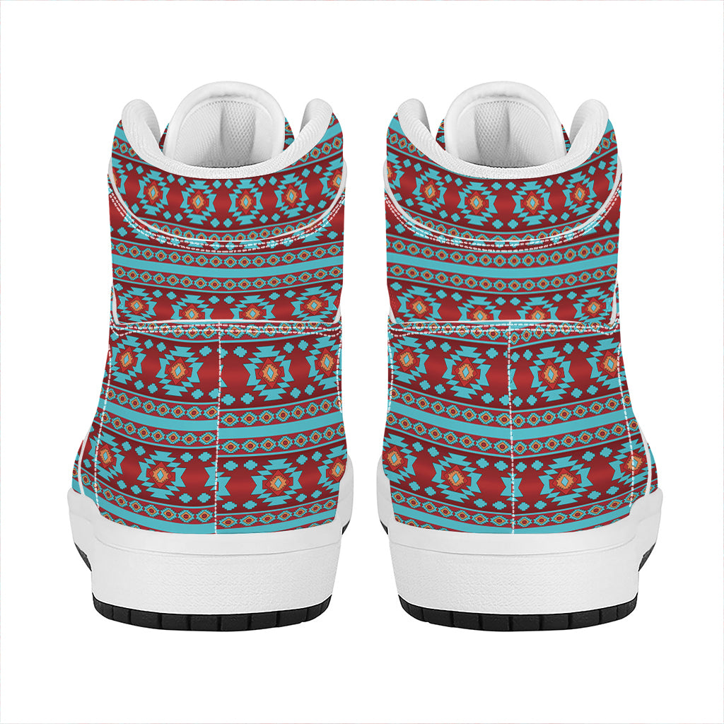 Red And Teal Southwestern Pattern Print High Top Leather Sneakers
