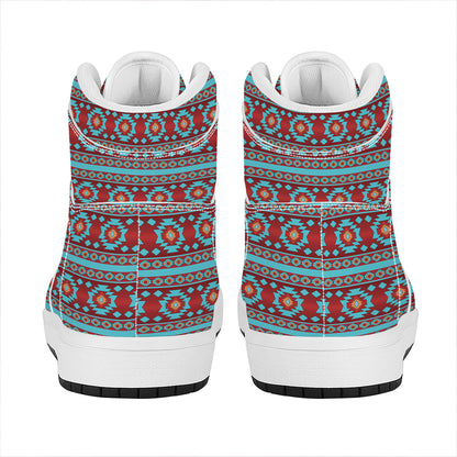 Red And Teal Southwestern Pattern Print High Top Leather Sneakers