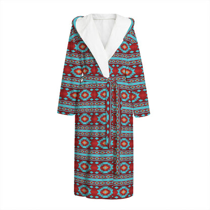 Red And Teal Southwestern Pattern Print Hooded Bathrobe