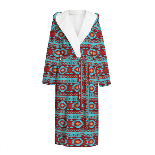 Red And Teal Southwestern Pattern Print Hooded Bathrobe
