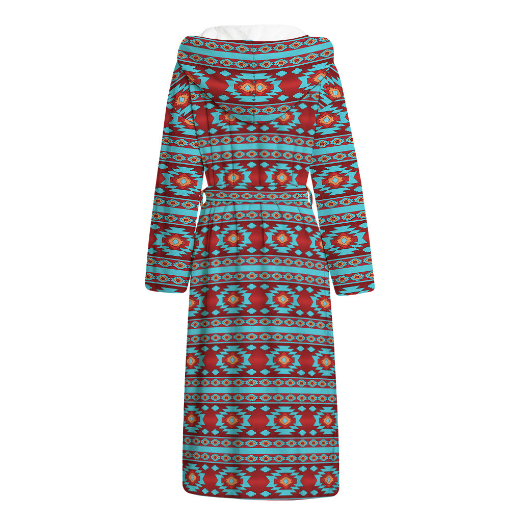 Red And Teal Southwestern Pattern Print Hooded Bathrobe