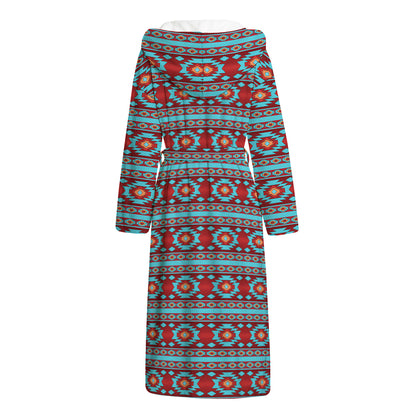 Red And Teal Southwestern Pattern Print Hooded Bathrobe