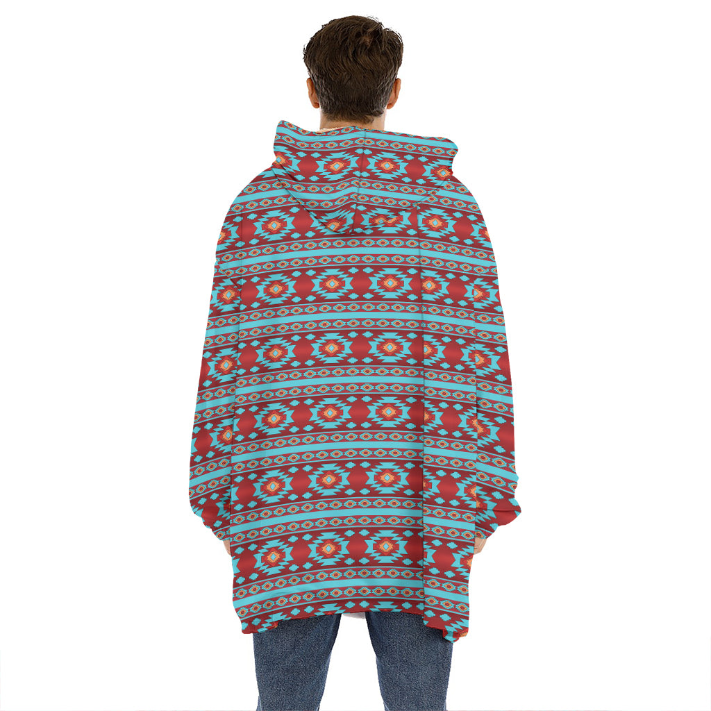 Red And Teal Southwestern Pattern Print Hoodie Blanket