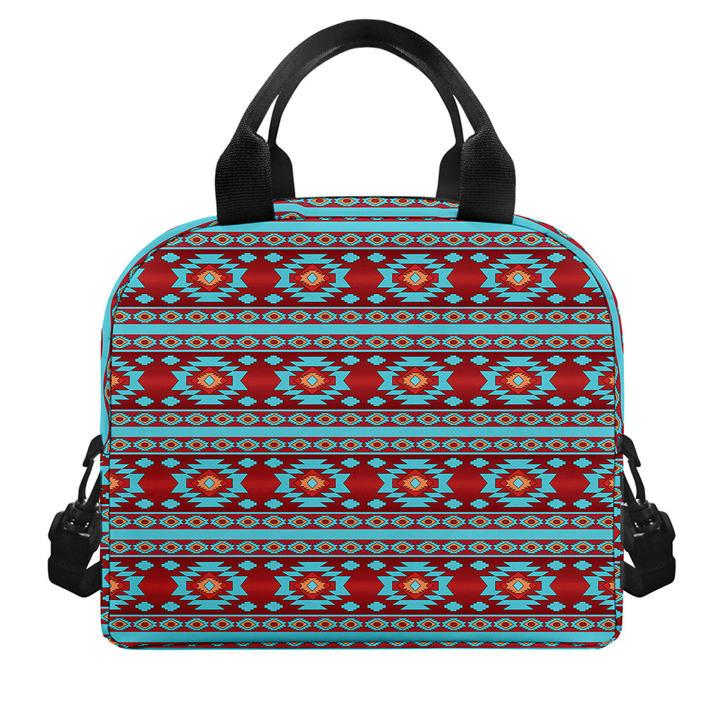 Red And Teal Southwestern Pattern Print Insulated Lunch Bag