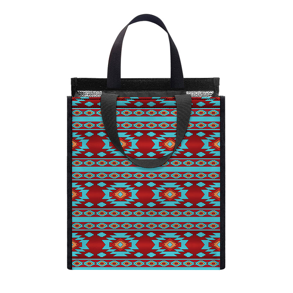 Red And Teal Southwestern Pattern Print Insulated Lunch Tote
