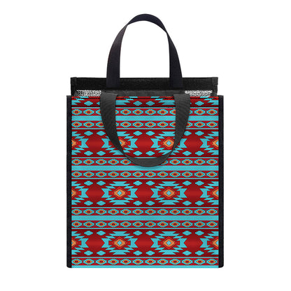 Red And Teal Southwestern Pattern Print Insulated Lunch Tote