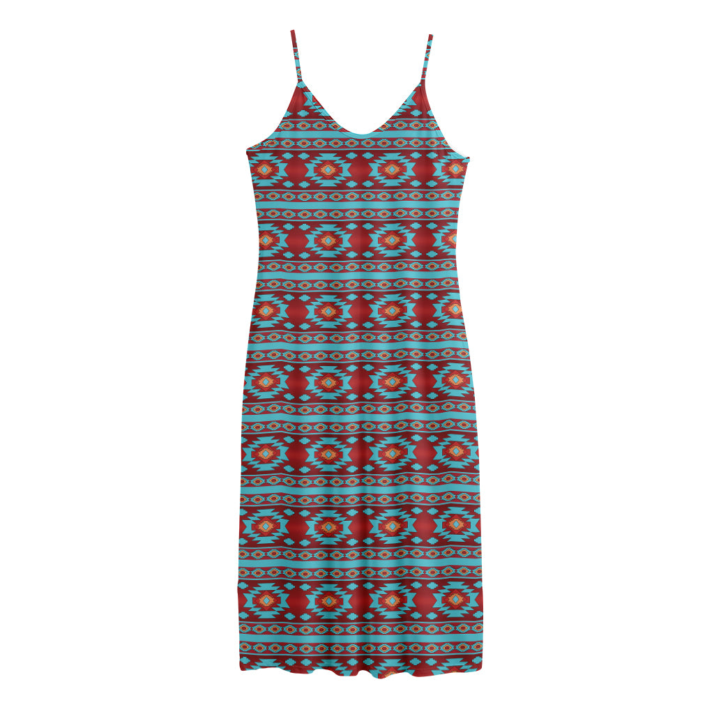 Red And Teal Southwestern Pattern Print Jersey Midi Cami Dress
