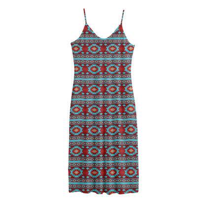 Red And Teal Southwestern Pattern Print Jersey Midi Cami Dress