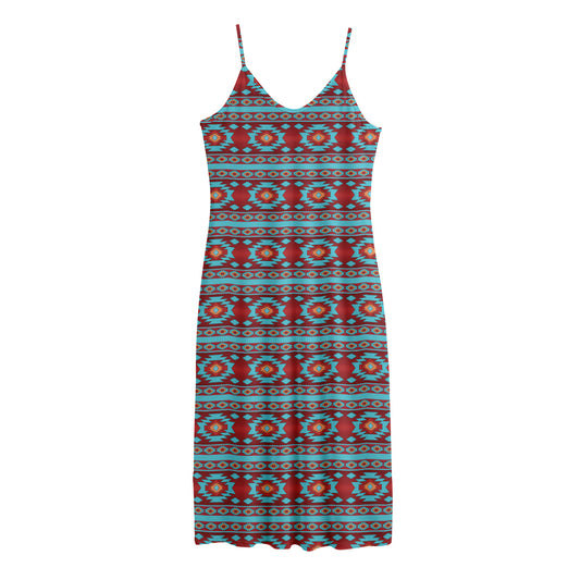 Red And Teal Southwestern Pattern Print Jersey Midi Cami Dress