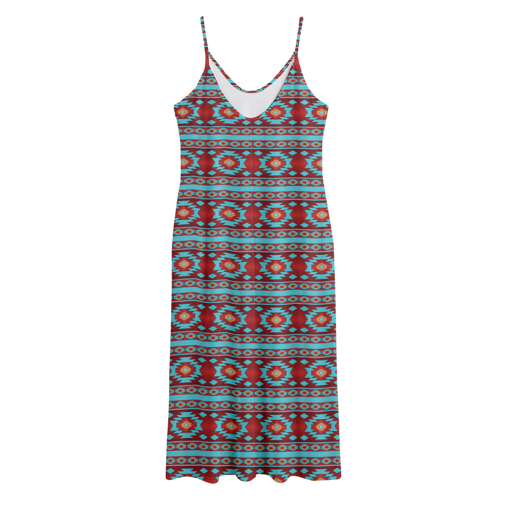 Red And Teal Southwestern Pattern Print Jersey Midi Cami Dress