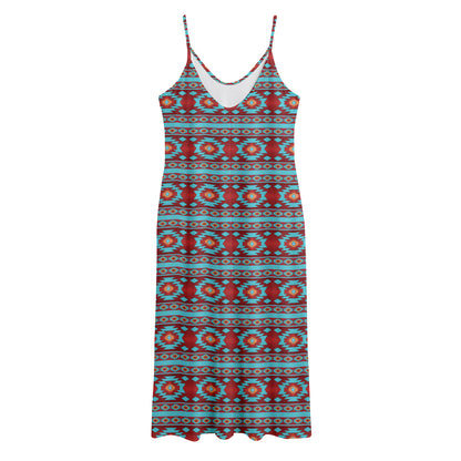Red And Teal Southwestern Pattern Print Jersey Midi Cami Dress
