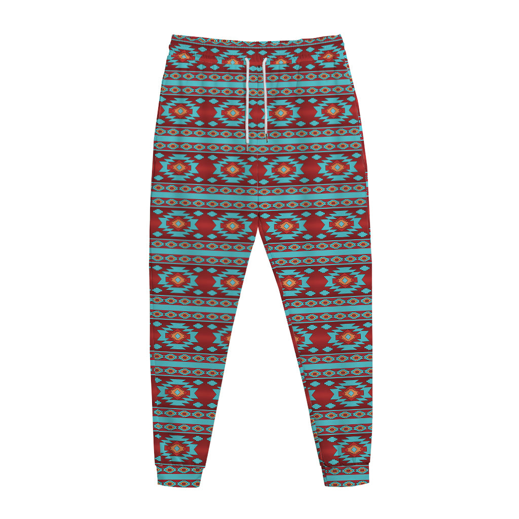 Red And Teal Southwestern Pattern Print Jogger Pants